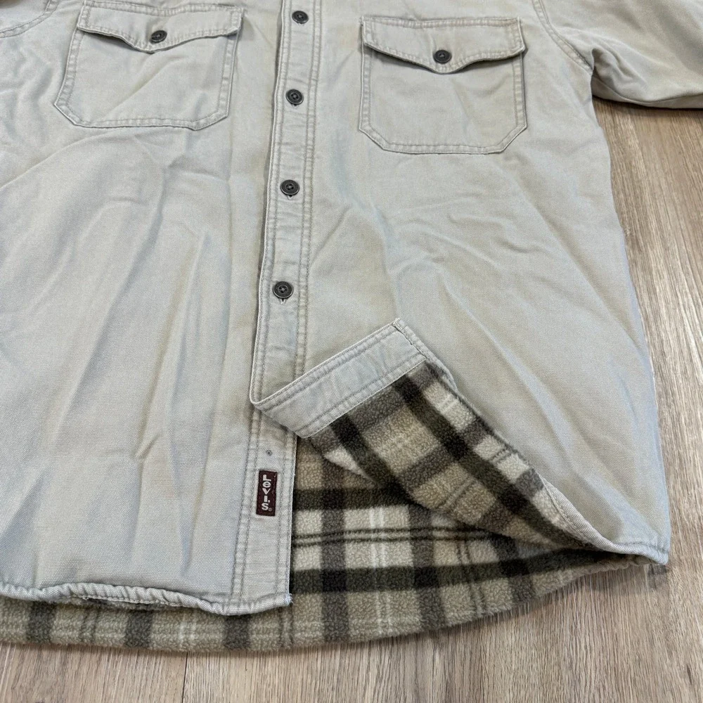 Y2K Levi Strauss Canvas Chore Jacket Shacket Fleece Lined Tan Plaid Size Medium